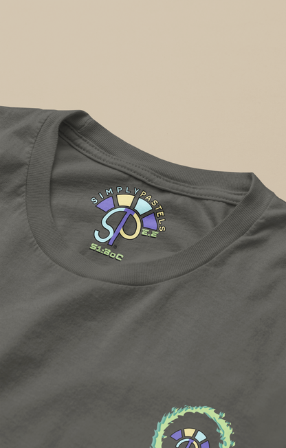 Label view of the khaki Eternal Essence organic cotton t-shirt with a pastel graphic design, from Simply Pastels, a UK-based premium ethical clothing brand.