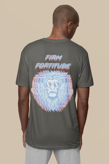 Back view of the khaki Firm Fortitude organic cotton t-shirt with a pastel graphic design, from Simply Pastels, a UK-based premium ethical clothing brand.