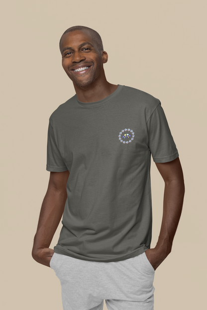 Front view of the khaki Firm Fortitude organic cotton t-shirt with a pastel graphic design, from Simply Pastels, a UK-based premium ethical clothing brand.