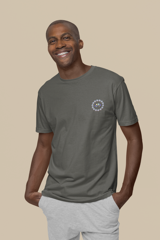Front view of the khaki Firm Fortitude organic cotton t-shirt with a pastel graphic design, from Simply Pastels, a UK-based premium ethical clothing brand.