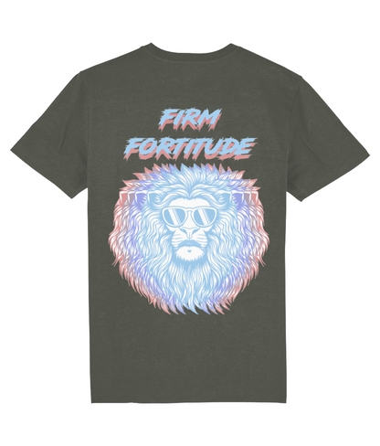 Back view of the khaki Firm Fortitude organic cotton t-shirt with a pastel graphic design, laid flat, from Simply Pastels, a UK-based premium ethical clothing brand.