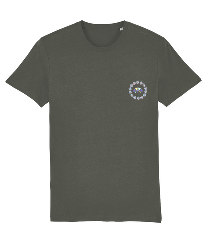 Front view of the khaki Firm Fortitude organic cotton t-shirt with a pastel graphic design, laid flat, from Simply Pastels, a UK-based premium ethical clothing brand.