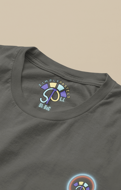 Label view of the khaki Limitless Levels organic cotton t-shirt with a pastel graphic design, from Simply Pastels, a UK-based premium ethical clothing brand.