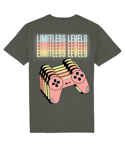Back view of the khaki Limitless Levels organic cotton t-shirt with a pastel graphic design, laid flat, from Simply Pastels, a UK-based premium ethical clothing brand.