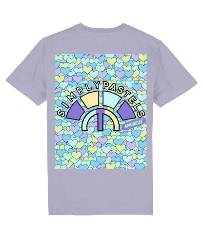 Back view of the lavender Amorelle organic cotton t-shirt with a pastel graphic design, laid flat, from Simply Pastels, a UK-based premium ethical clothing brand.
