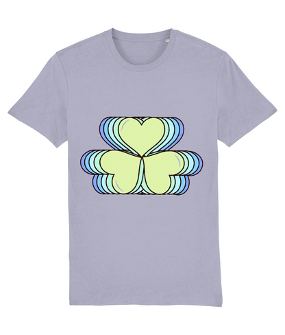 Front view of the lavender Amorelle organic cotton t-shirt with a pastel graphic design, laid flat, from Simply Pastels, a UK-based premium ethical clothing brand.