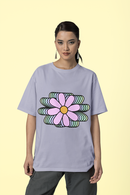 Front view of the lavender Bloomlets organic cotton t-shirt with a pastel graphic design, from Simply Pastels, a UK-based premium ethical clothing brand.