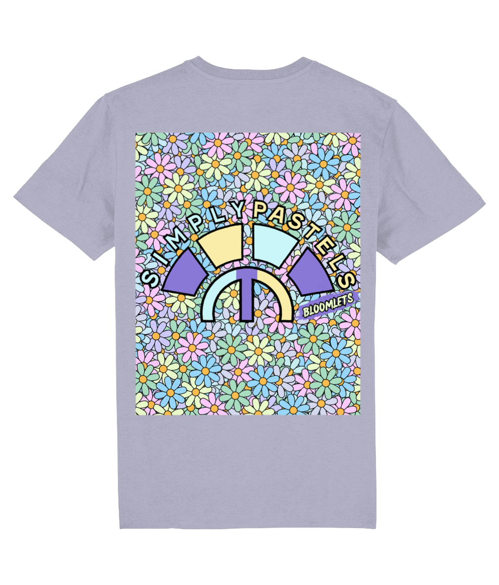 Back view of the lavender Bloomlets organic cotton t-shirt with a pastel graphic design, laid flat, from Simply Pastels, a UK-based premium ethical clothing brand.