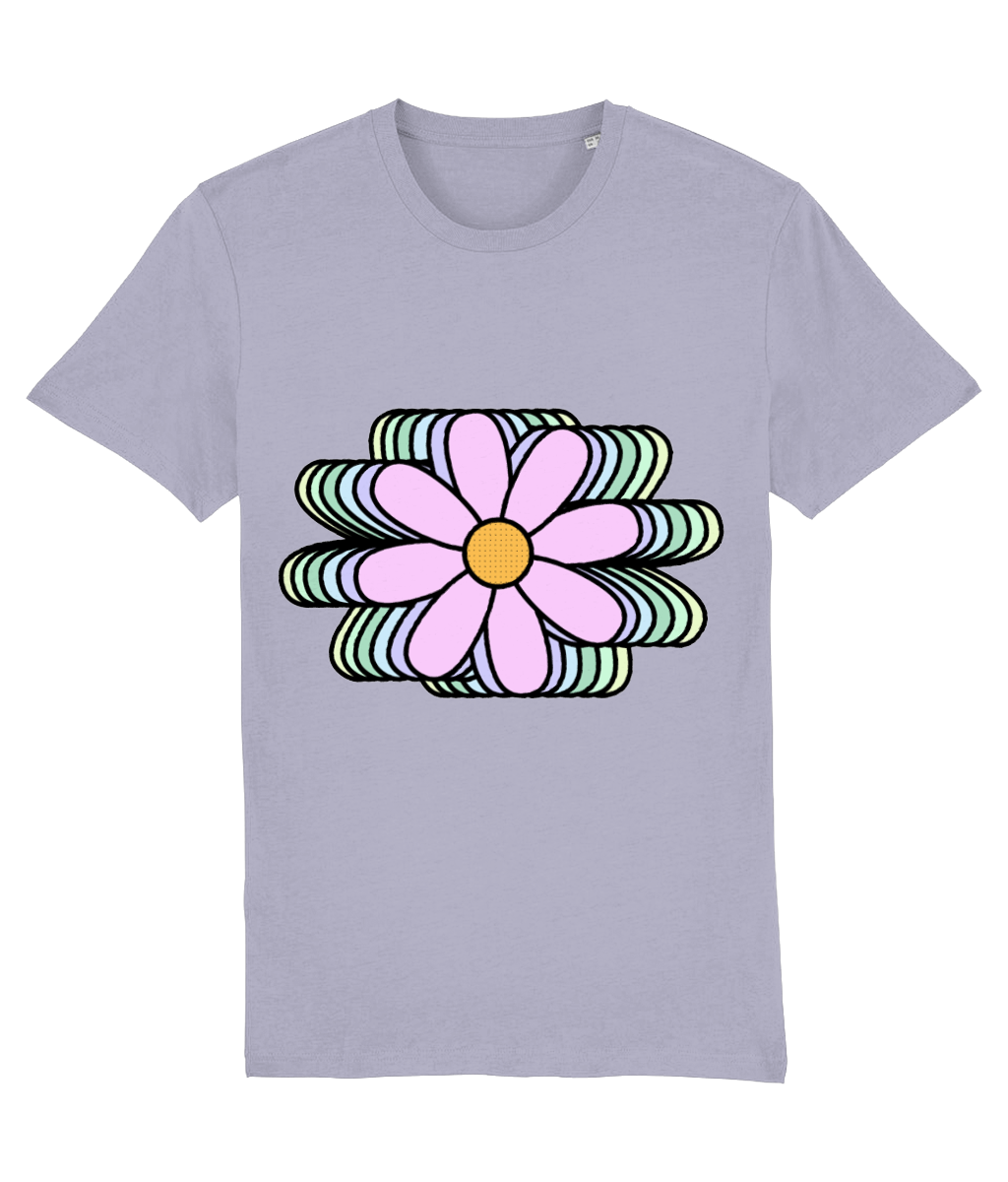 Front view of the lavender Bloomlets organic cotton t-shirt with a pastel graphic design, laid flat, from Simply Pastels, a UK-based premium ethical clothing brand.