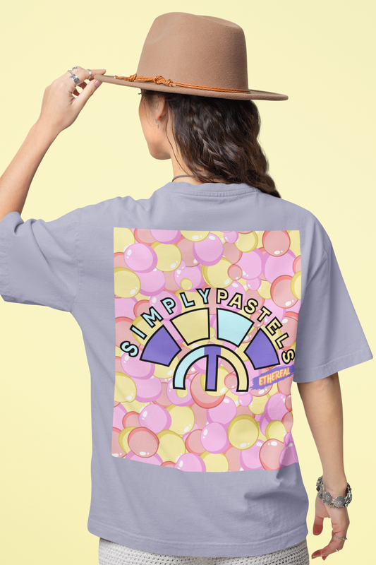 Back view of the lavender Ethereal organic cotton t-shirt with a pastel graphic design, from Simply Pastels, a UK-based premium ethical clothing brand.
