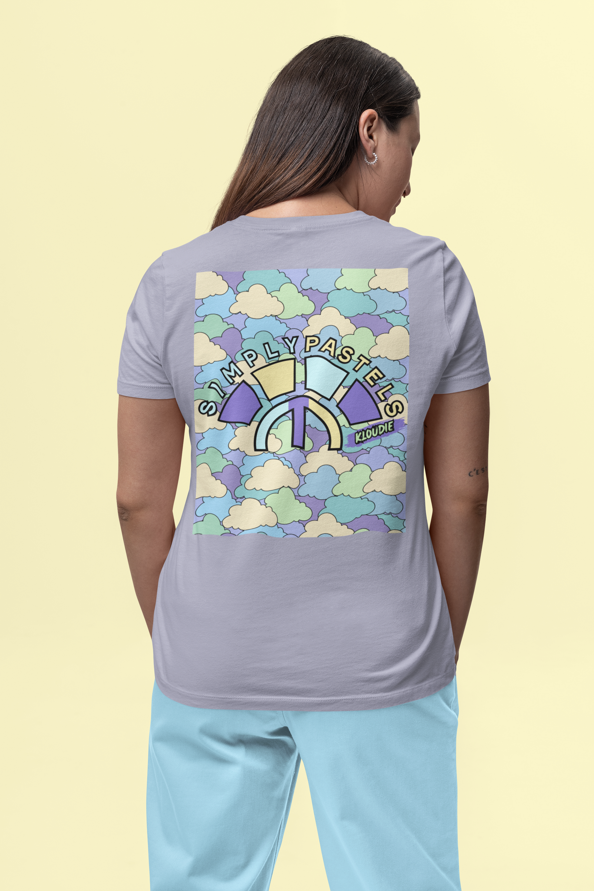 Back view of the lavender Kloudie organic cotton t-shirt with a pastel graphic design, from Simply Pastels, a UK-based premium ethical clothing brand.