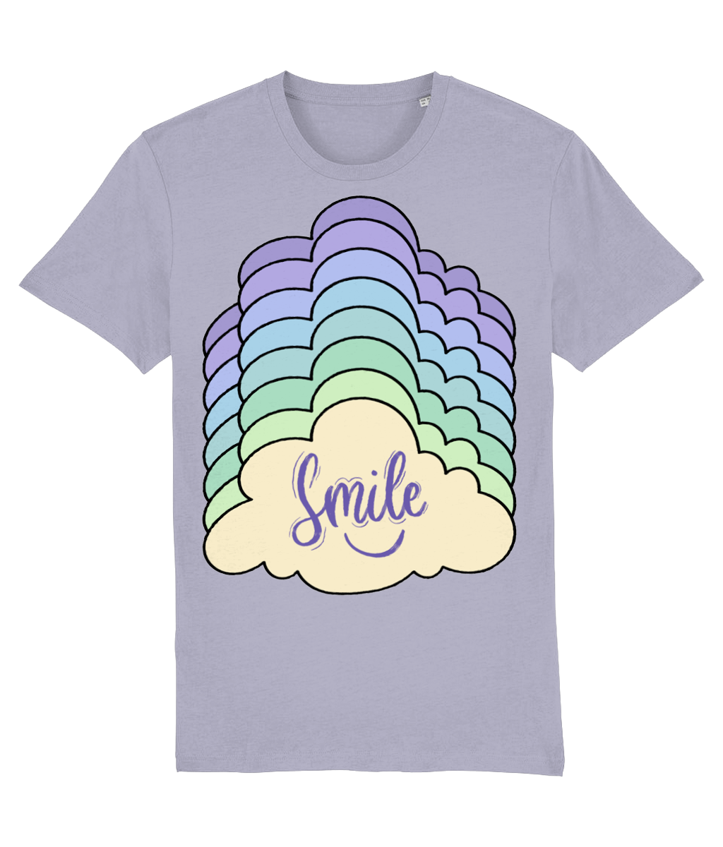 Front view of the lavender Kloudie organic cotton t-shirt with a pastel graphic design, laid flat, from Simply Pastels, a UK-based premium ethical clothing brand.