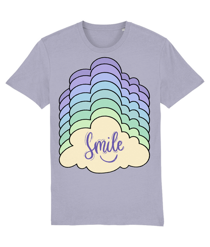 Front view of the lavender Kloudie organic cotton t-shirt with a pastel graphic design, laid flat, from Simply Pastels, a UK-based premium ethical clothing brand.