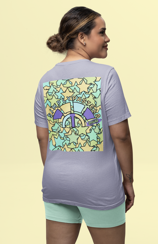 Back view of the lavender Stellar organic cotton t-shirt with a pastel graphic design, from Simply Pastels, a UK-based premium ethical clothing brand.