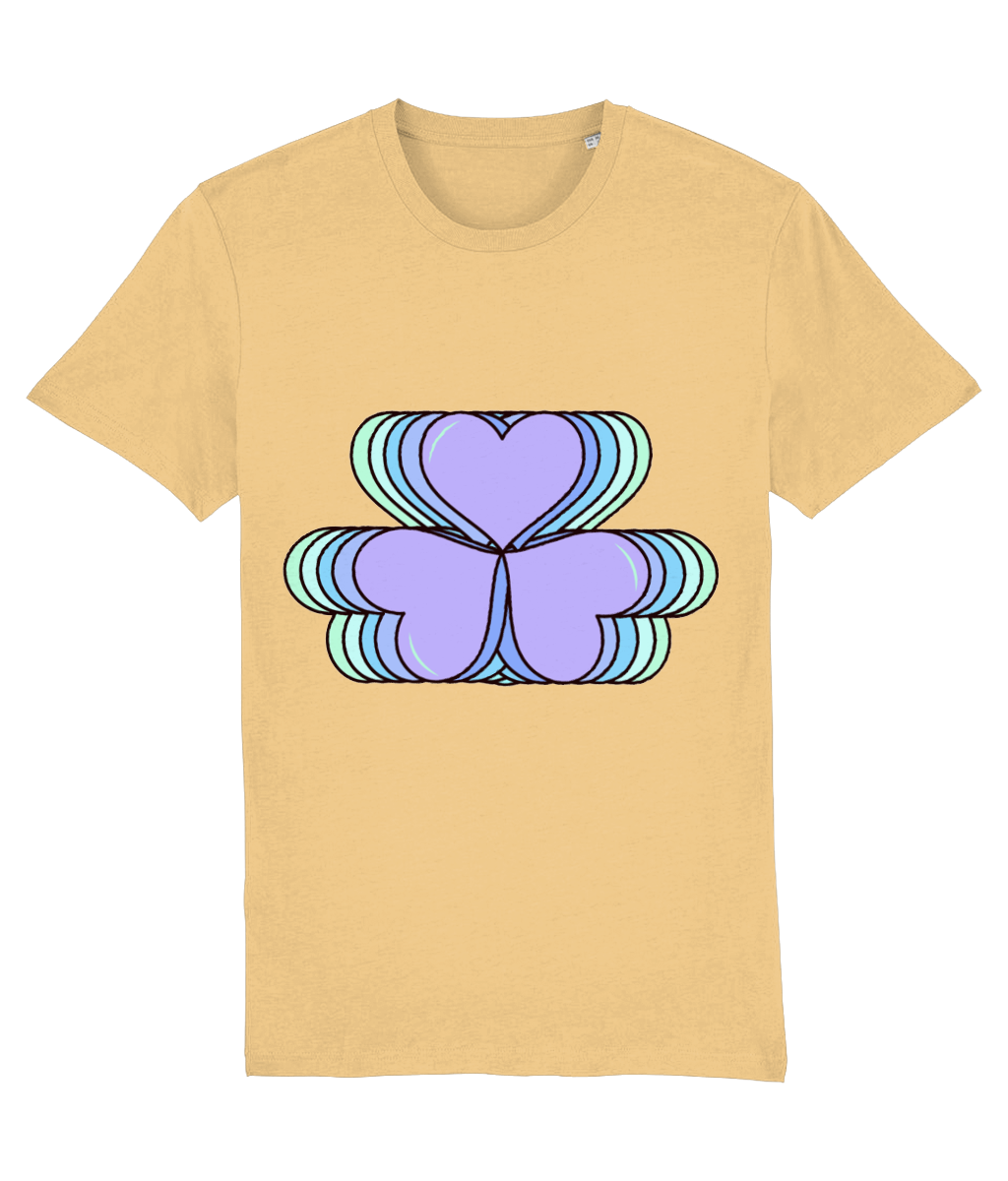 Front view of the nispero Amorelle cotton t-shirt with a pastel graphic design, laid flat, from Simply Pastels, a UK-based premium ethical clothing brand.