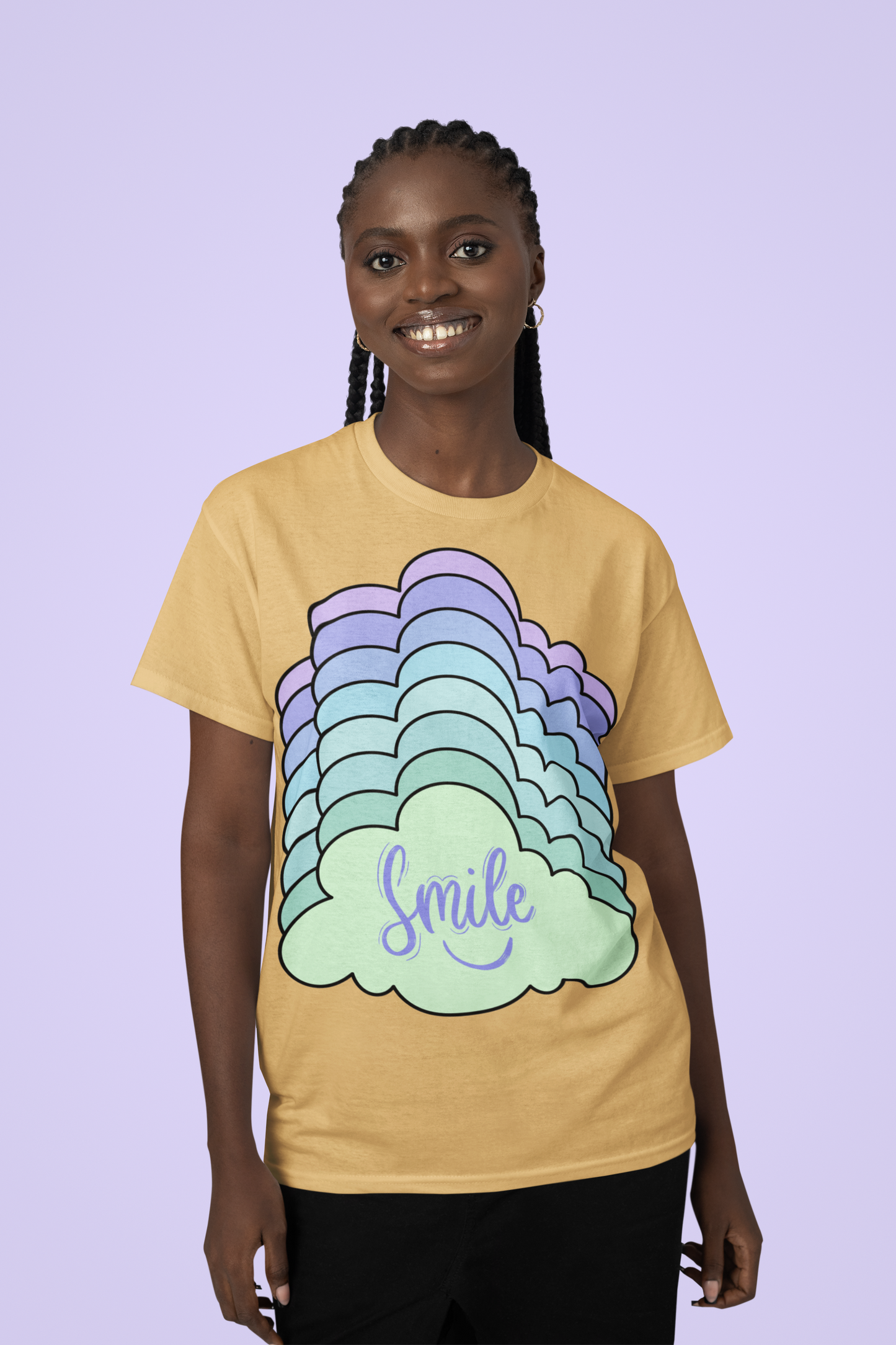 Front view of the nispero Kloudie organic cotton t-shirt with a pastel graphic design, from Simply Pastels, a UK-based premium ethical clothing brand.