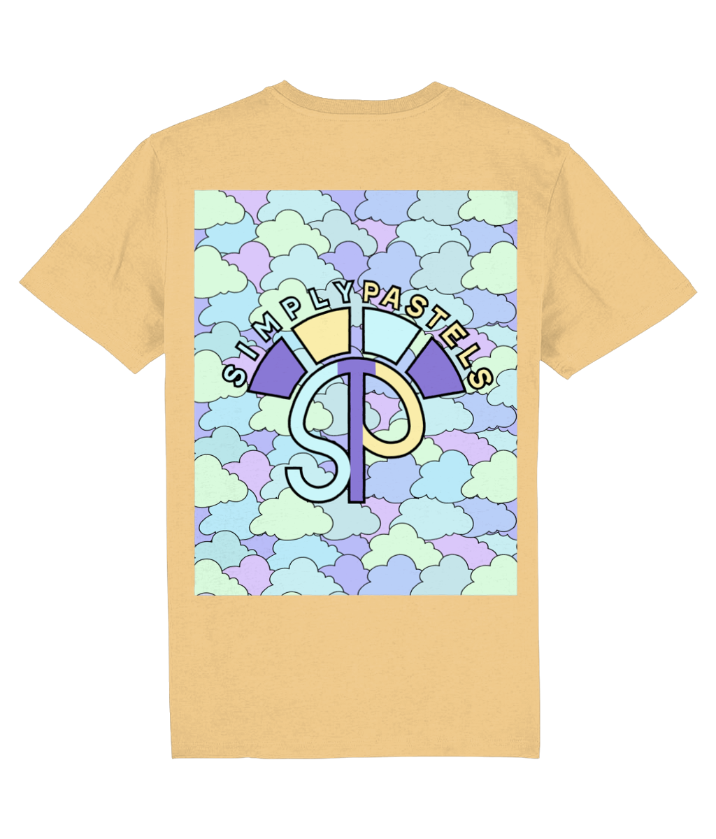 Back view of the nispero Kloudie cotton t-shirt with a pastel graphic design, laid flat, from Simply Pastels, a UK-based premium ethical clothing brand.