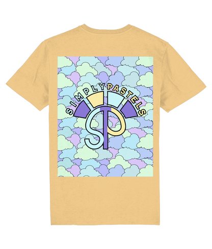 Back view of the nispero Kloudie cotton t-shirt with a pastel graphic design, laid flat, from Simply Pastels, a UK-based premium ethical clothing brand.