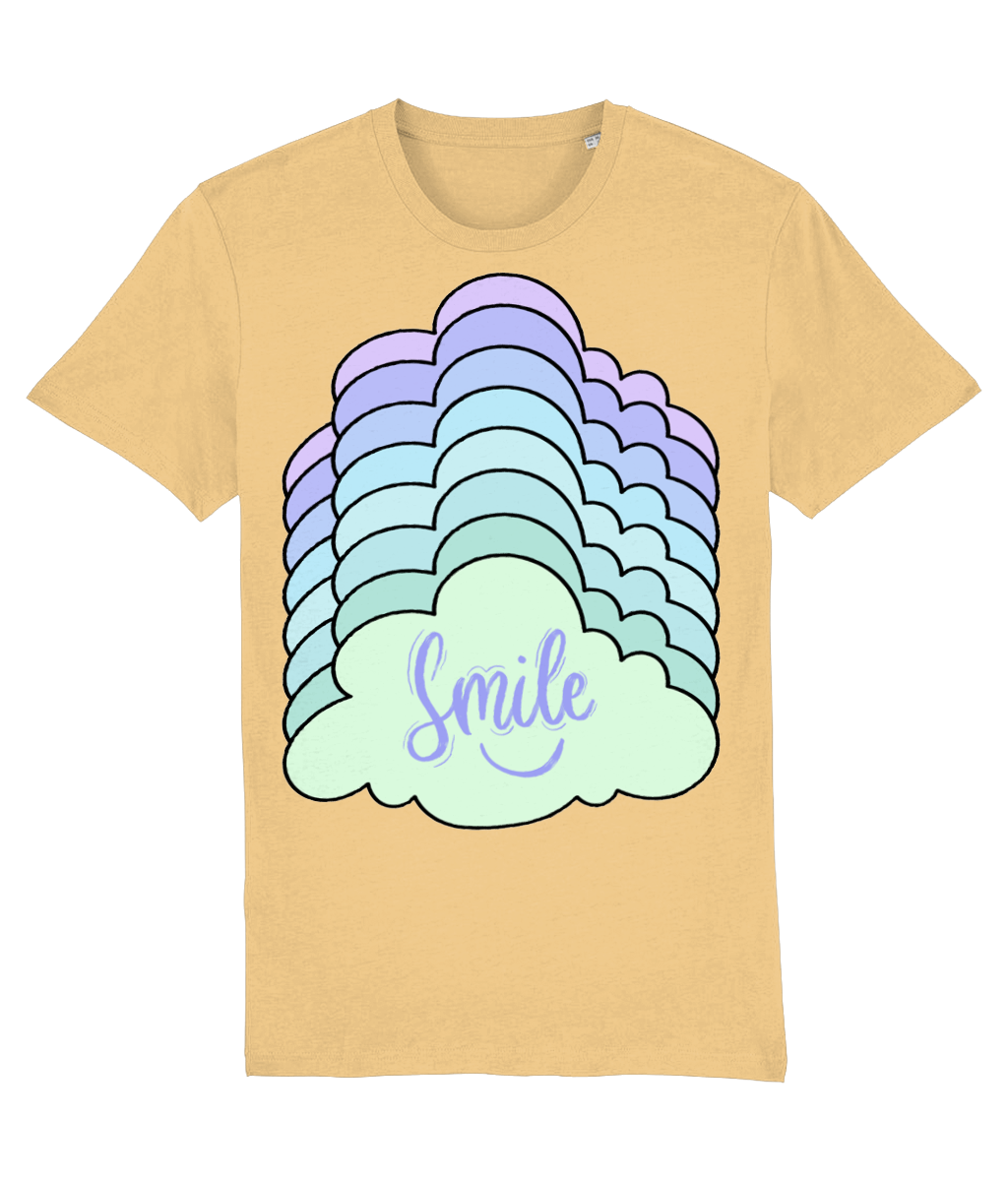 Front view of the nispero Kloudie cotton t-shirt with a pastel graphic design, laid flat, from Simply Pastels, a UK-based premium ethical clothing brand.