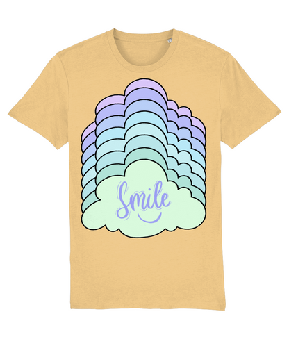 Front view of the nispero Kloudie cotton t-shirt with a pastel graphic design, laid flat, from Simply Pastels, a UK-based premium ethical clothing brand.