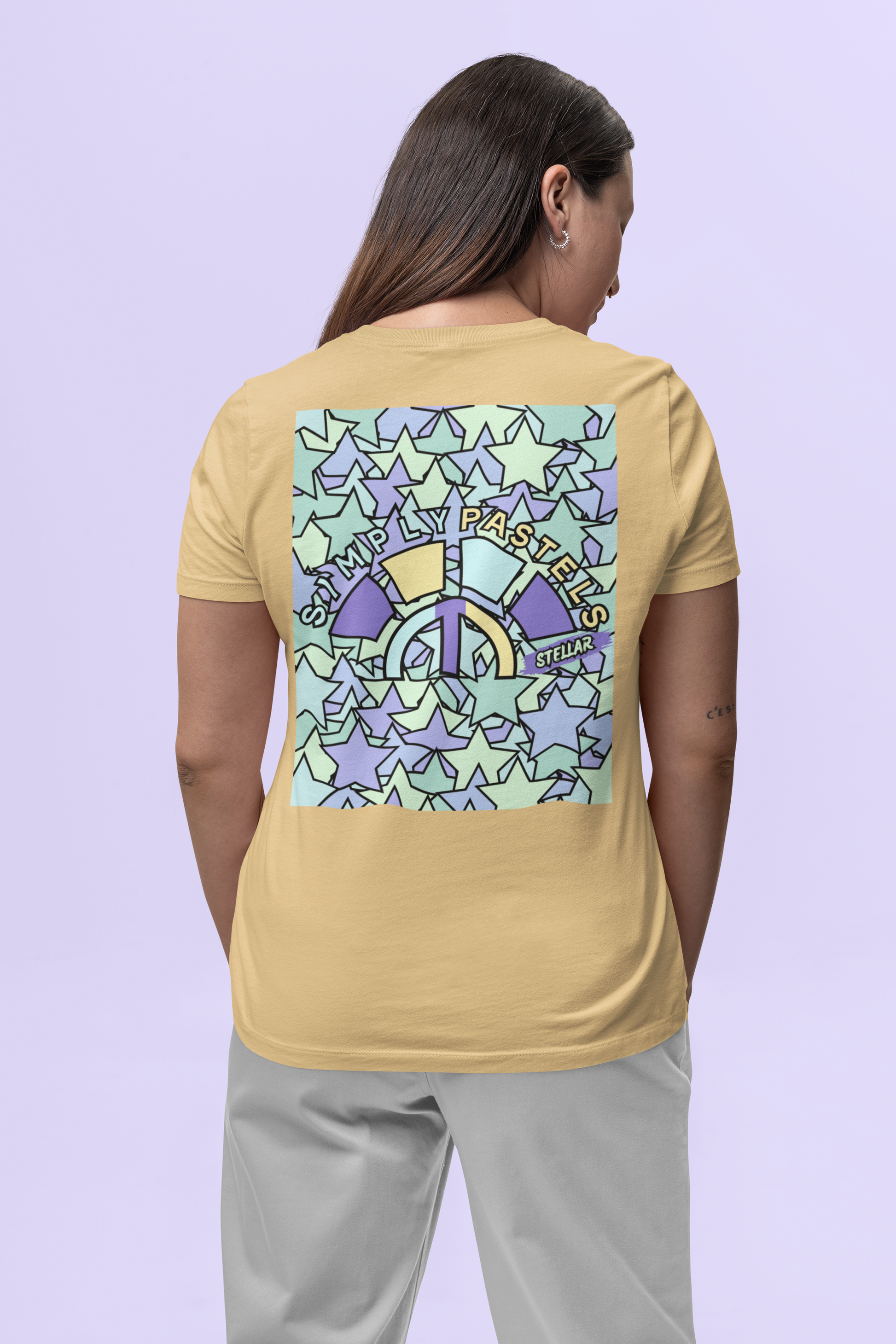 Back view of the nispero Stellar organic cotton t-shirt with a pastel graphic design, from Simply Pastels, a UK-based premium ethical clothing brand.