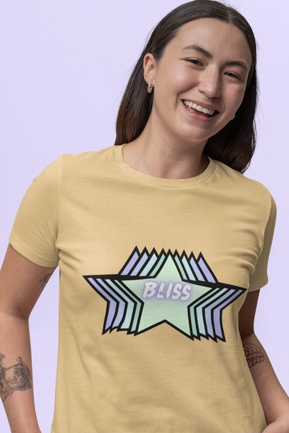 Front view of the nispero Stellar organic cotton t-shirt with a pastel graphic design, from Simply Pastels, a UK-based premium ethical clothing brand.