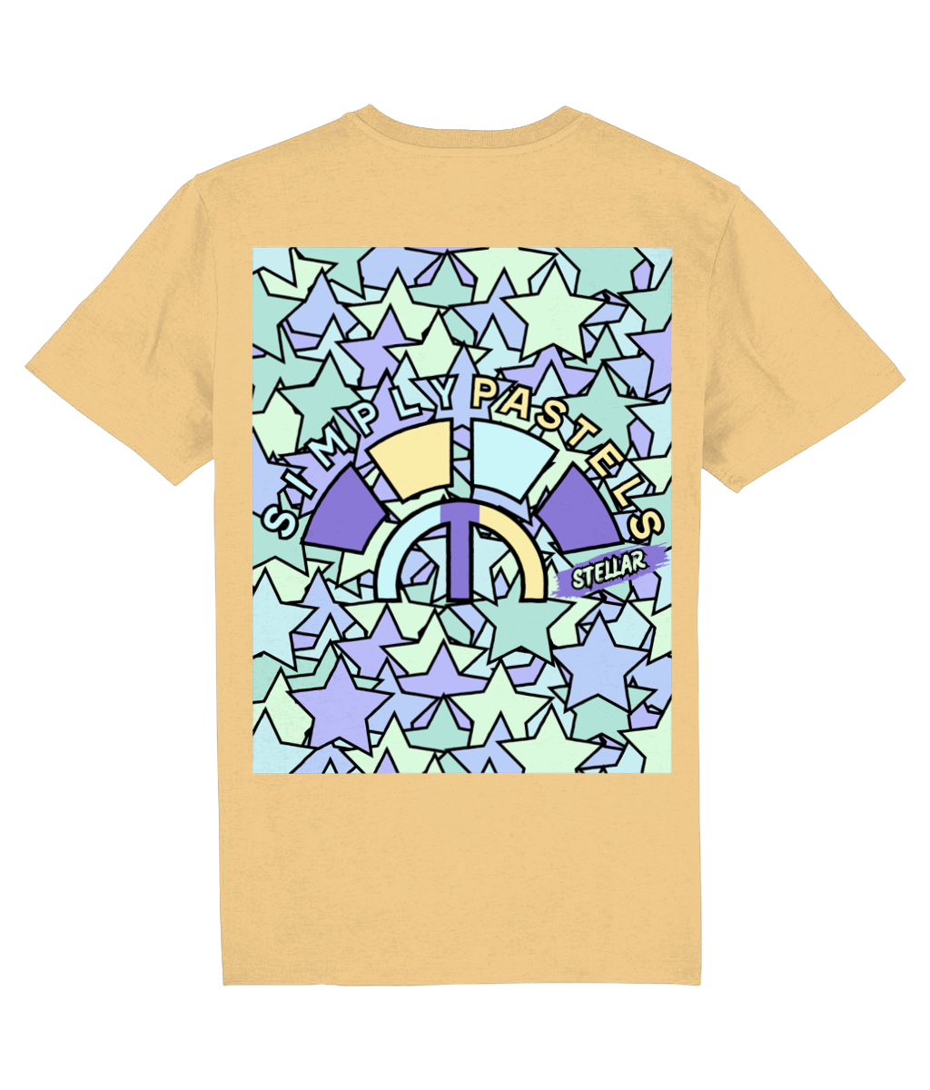 Back view of the nispero Stellar cotton t-shirt with a pastel graphic design, laid flat, from Simply Pastels, a UK-based premium ethical clothing brand.