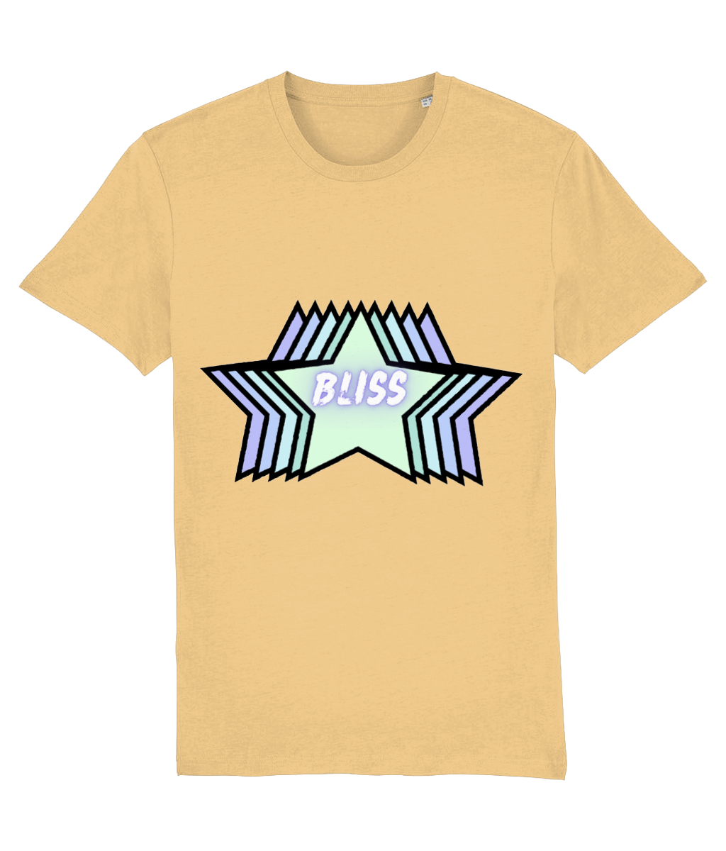 Front view of the nispero Stellar cotton t-shirt with a pastel graphic design, laid flat, from Simply Pastels, a UK-based premium ethical clothing brand.