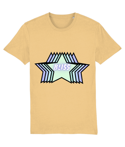 Front view of the nispero Stellar cotton t-shirt with a pastel graphic design, laid flat, from Simply Pastels, a UK-based premium ethical clothing brand.