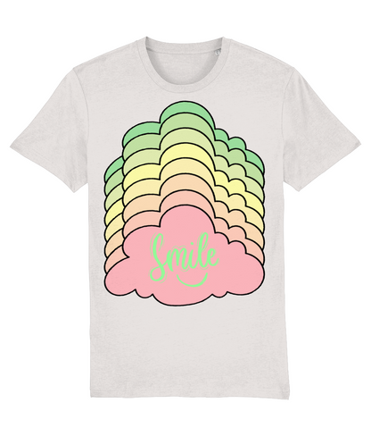 Front view of the off-white Kloudie cotton t-shirt with a pastel graphic design, laid flat, from Simply Pastels, a UK-based premium ethical clothing brand.