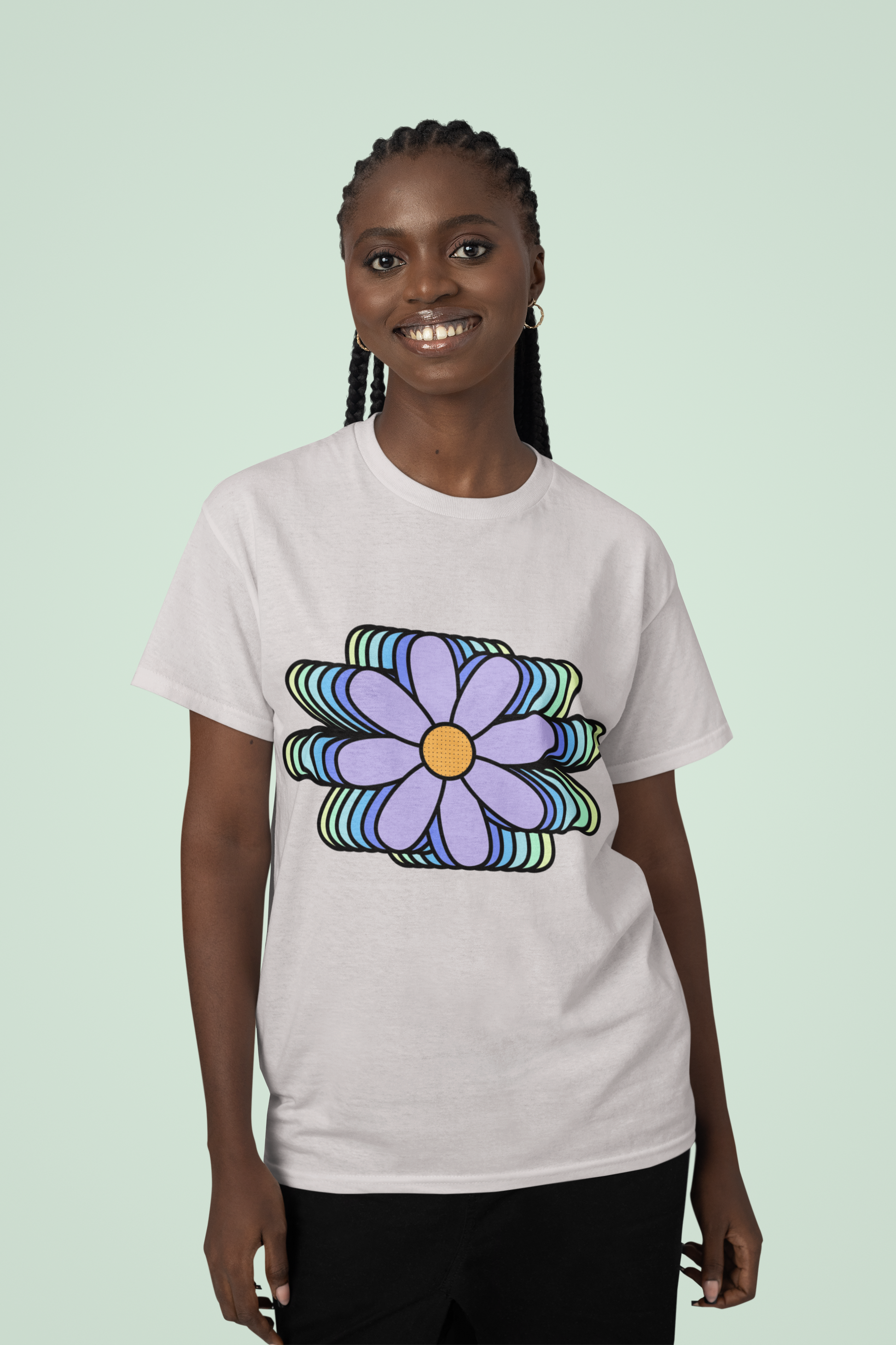 Front view of the off-white Bloomlets organic cotton t-shirt with a pastel graphic design, from Simply Pastels, a UK-based premium ethical clothing brand.