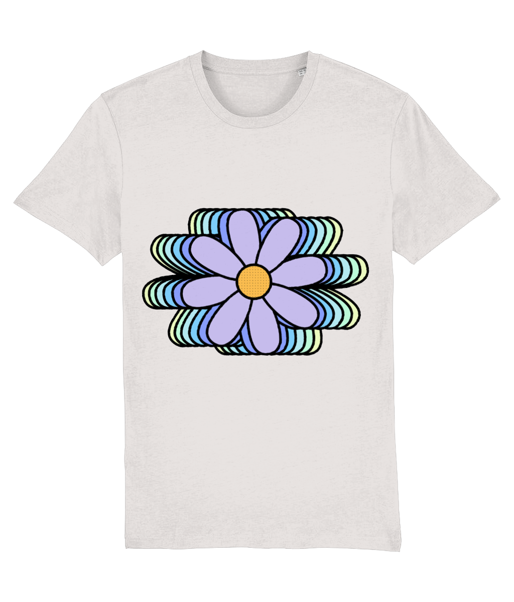 Front view of the off-white Bloomlets cotton t-shirt with a pastel graphic design, laid flat, from Simply Pastels, a UK-based premium ethical clothing brand.