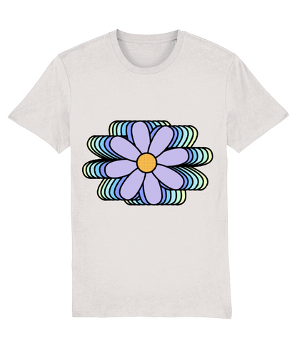 Front view of the off-white Bloomlets cotton t-shirt with a pastel graphic design, laid flat, from Simply Pastels, a UK-based premium ethical clothing brand.