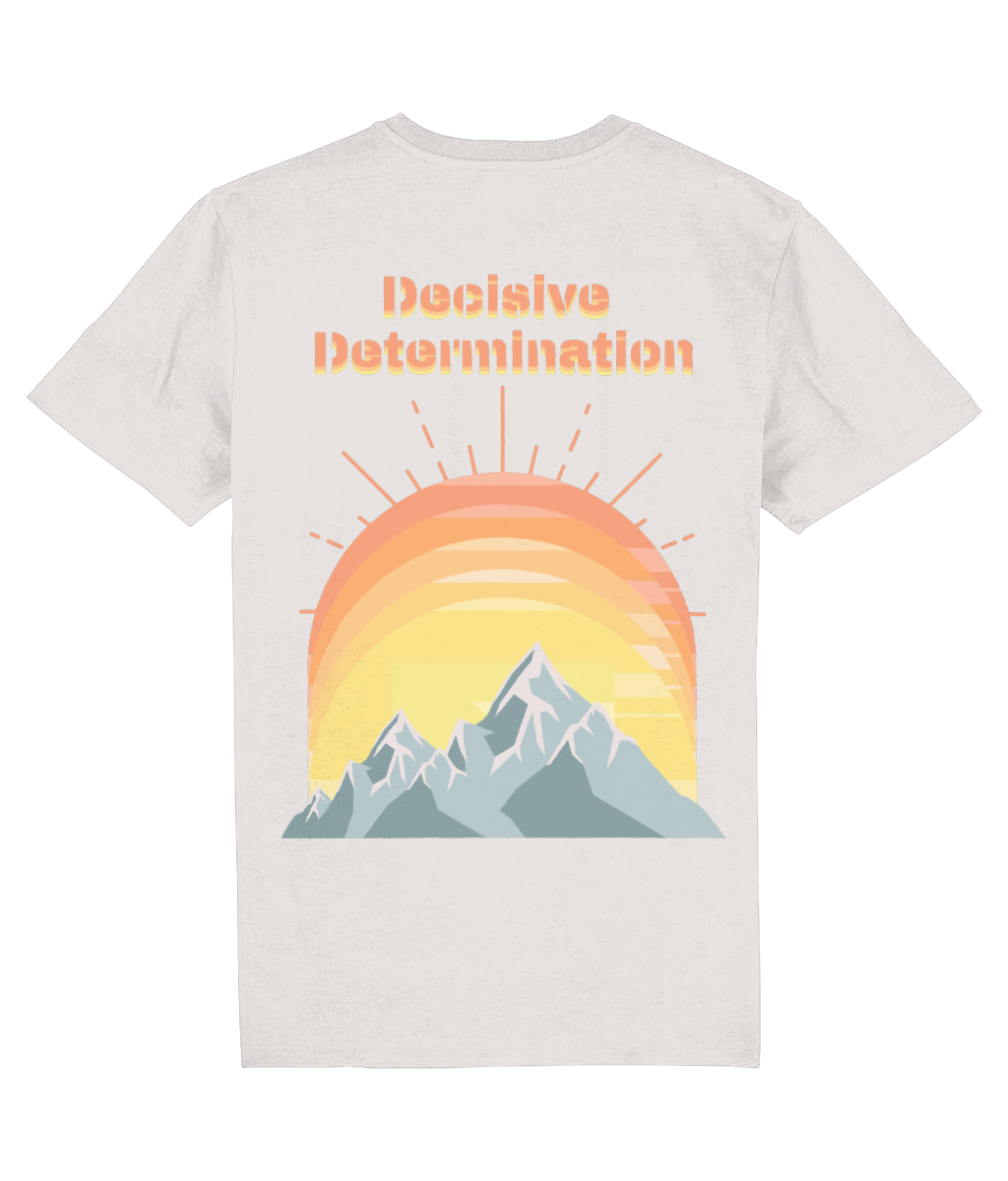 Back view of the off-white Decisive Determination cotton t-shirt with a pastel graphic design, laid flat, from Simply Pastels, a UK-based premium ethical clothing brand.