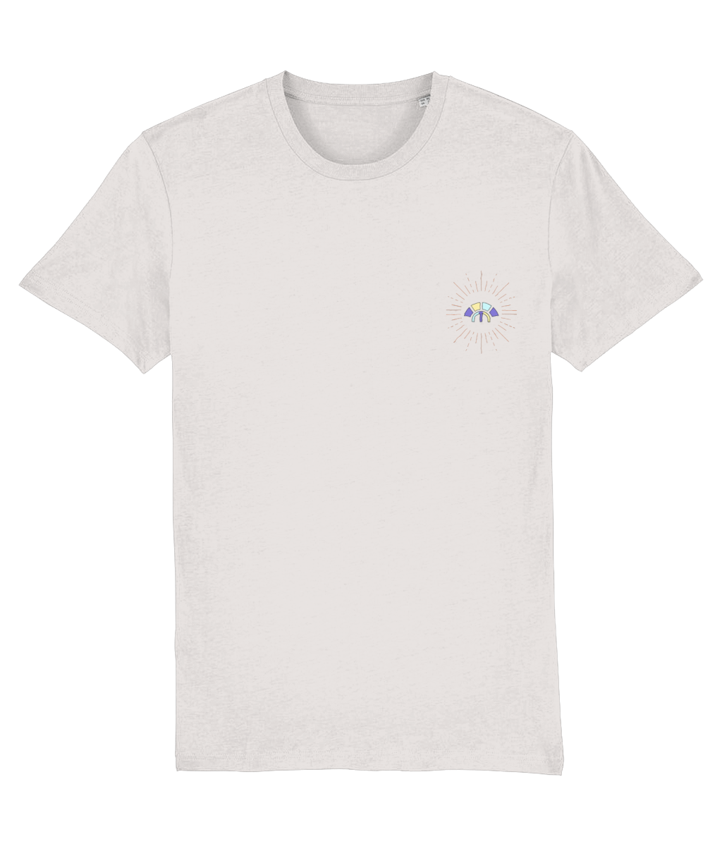 Front view of the off-white Decisive Determination cotton t-shirt with a pastel graphic design, laid flat, from Simply Pastels, a UK-based premium ethical clothing brand.