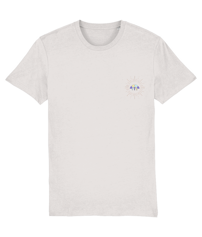Front view of the off-white Decisive Determination cotton t-shirt with a pastel graphic design, laid flat, from Simply Pastels, a UK-based premium ethical clothing brand.