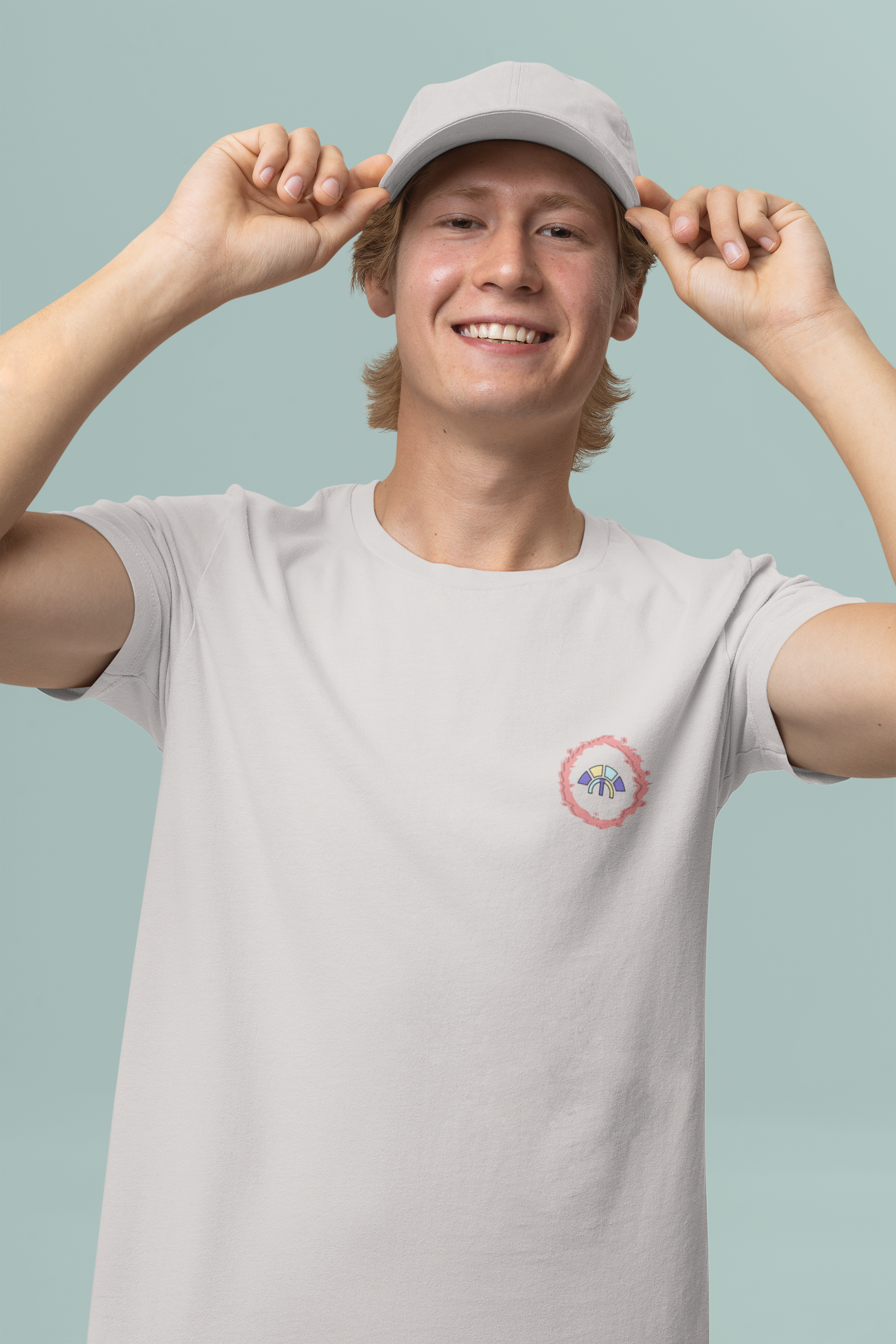 Front view of the off-white Eternal Essence organic cotton t-shirt with a pastel graphic design, from Simply Pastels, a UK-based premium ethical clothing brand.
