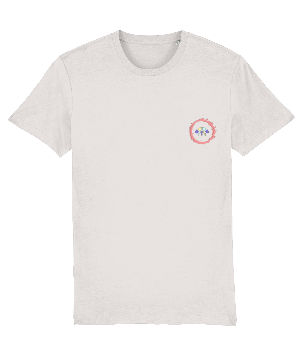 Front view of the off-white Eternal Essence cotton t-shirt with a pastel graphic design, laid flat, from Simply Pastels, a UK-based premium ethical clothing brand.