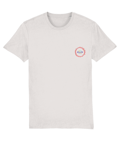 Front view of the off-white Eternal Essence cotton t-shirt with a pastel graphic design, laid flat, from Simply Pastels, a UK-based premium ethical clothing brand.