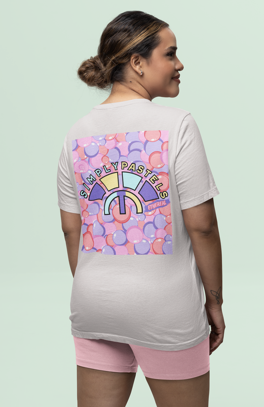 Back view of the off-white Ethereal organic cotton t-shirt with a pastel graphic design, from Simply Pastels, a UK-based premium ethical clothing brand.
