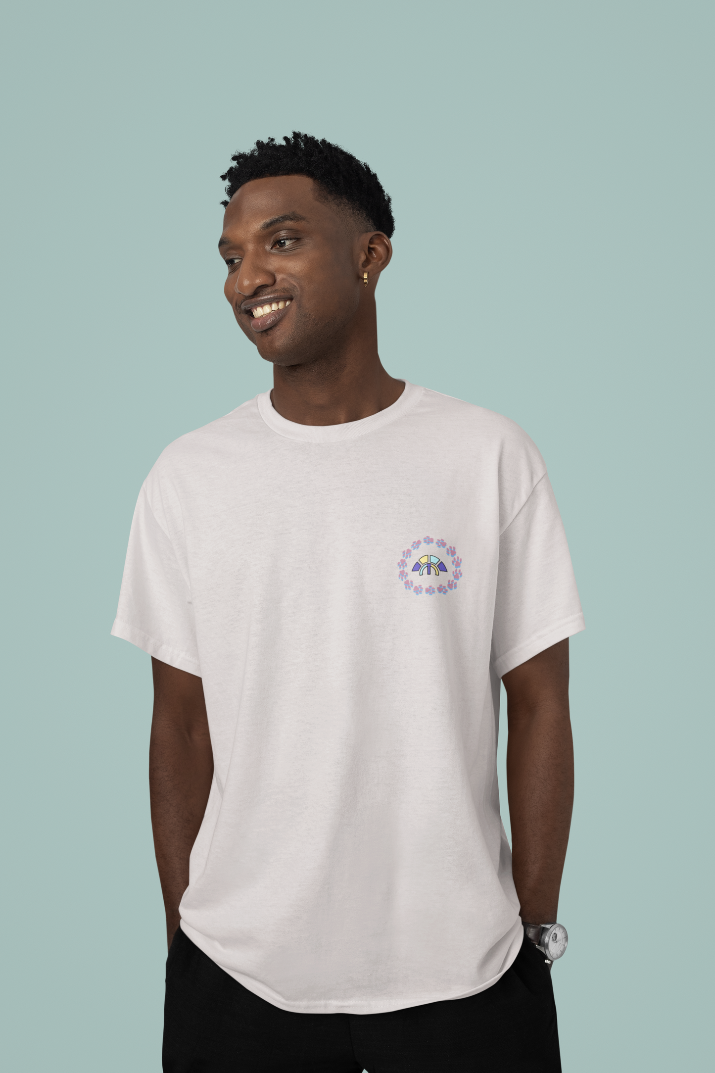 Front view of the off-white Firm Fortitude organic cotton t-shirt with a pastel graphic design, from Simply Pastels, a UK-based premium ethical clothing brand.