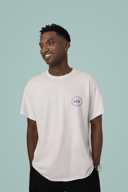 Front view of the off-white Firm Fortitude organic cotton t-shirt with a pastel graphic design, from Simply Pastels, a UK-based premium ethical clothing brand.