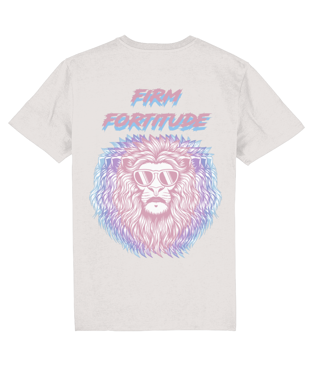 Back view of the off-white Firm Fortitude cotton t-shirt with a pastel graphic design, laid flat, from Simply Pastels, a UK-based premium ethical clothing brand.