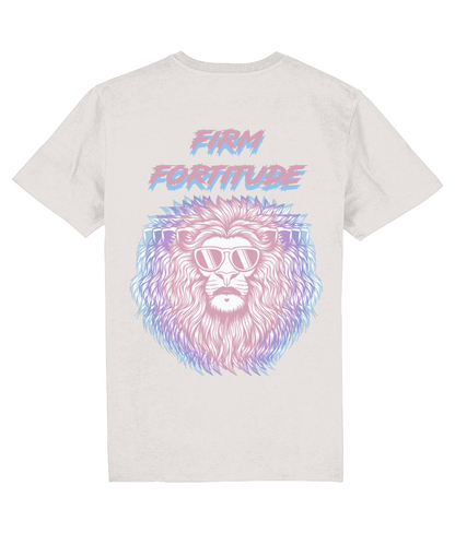 Back view of the off-white Firm Fortitude cotton t-shirt with a pastel graphic design, laid flat, from Simply Pastels, a UK-based premium ethical clothing brand.