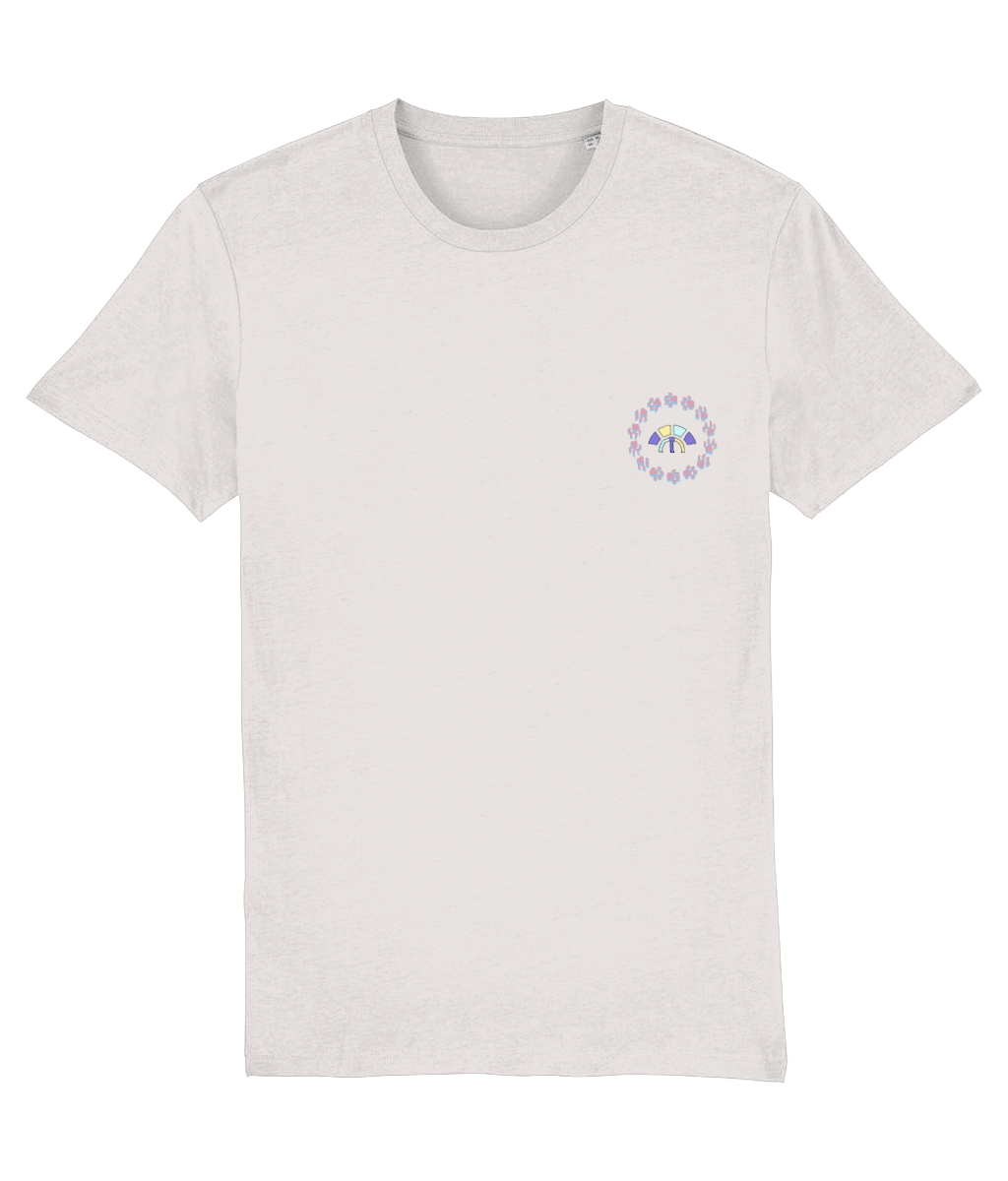 Front view of the off-white Firm Fortitude cotton t-shirt with a pastel graphic design, laid flat, from Simply Pastels, a UK-based premium ethical clothing brand.