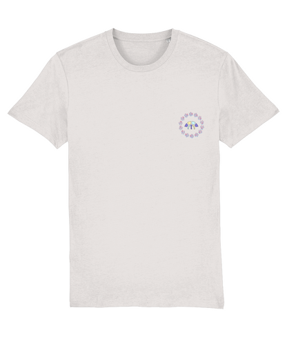 Front view of the off-white Firm Fortitude cotton t-shirt with a pastel graphic design, laid flat, from Simply Pastels, a UK-based premium ethical clothing brand.