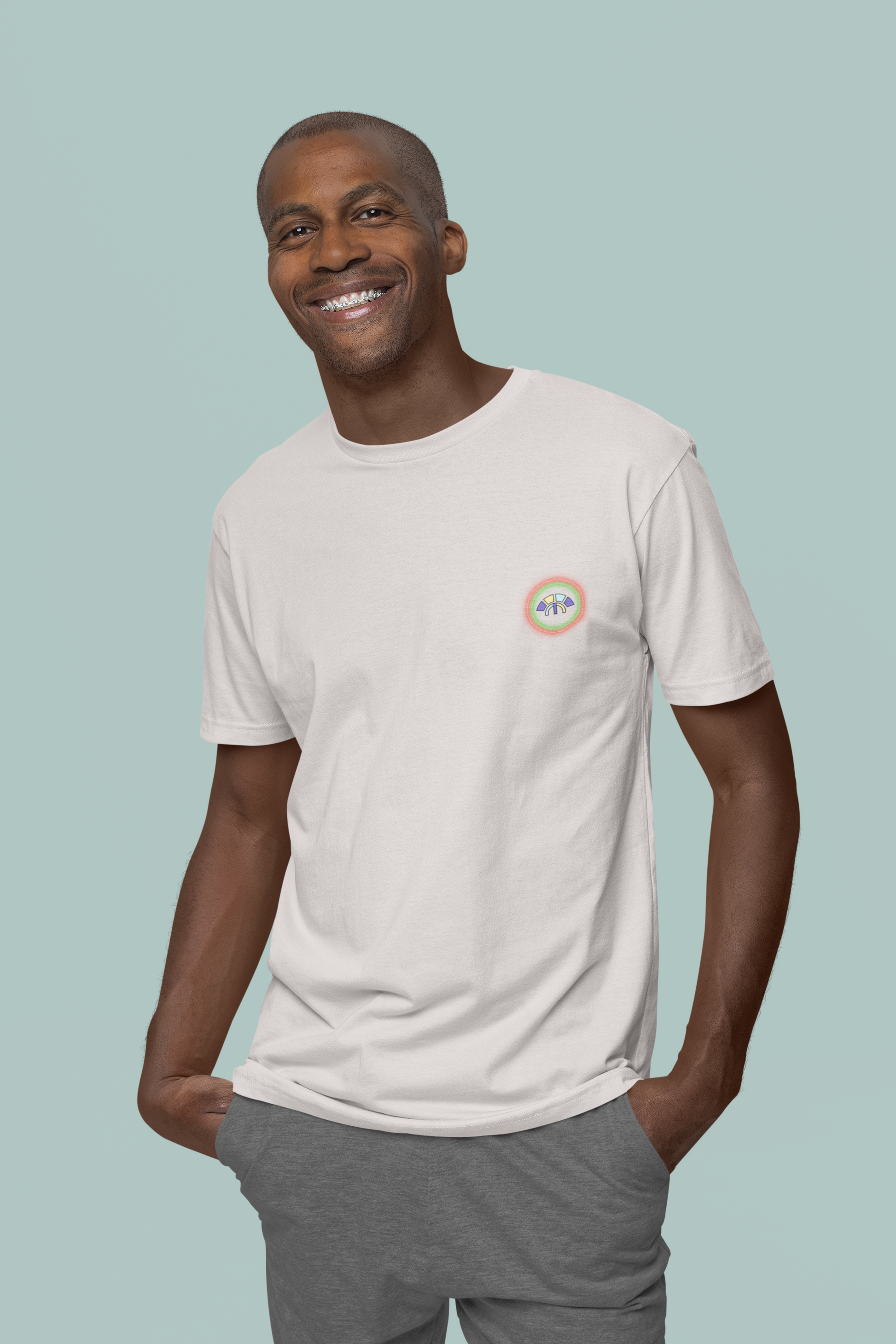 Front view of the off-white Limitless Levels organic cotton t-shirt with a pastel graphic design, from Simply Pastels, a UK-based premium ethical clothing brand.