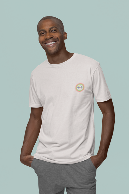 Front view of the off-white Limitless Levels organic cotton t-shirt with a pastel graphic design, from Simply Pastels, a UK-based premium ethical clothing brand.