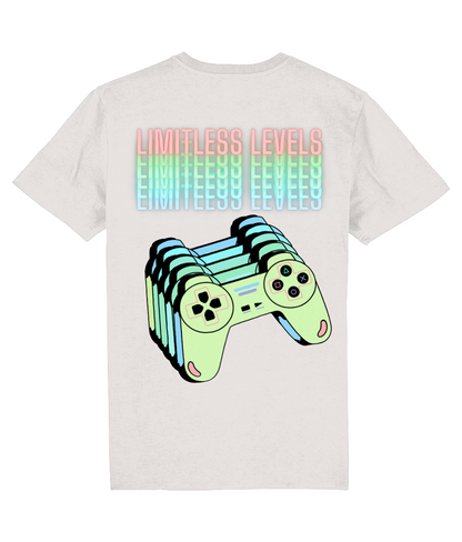 Back view of the off-white Limitless Levels cotton t-shirt with a pastel graphic design, laid flat, from Simply Pastels, a UK-based premium ethical clothing brand.