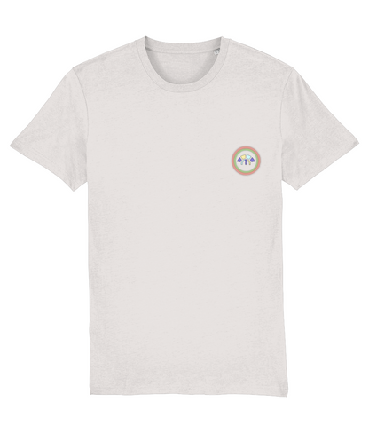 Front view of the off-white Limitless Levels cotton t-shirt with a pastel graphic design, laid flat, from Simply Pastels, a UK-based premium ethical clothing brand.